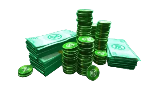 Robux Stacks of green Robux bills and coins representing Roblox virtual currency (Robux)