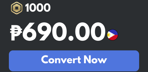 Robux to PHP conversion showing 1000 Robux equals ₱690.00 PHP with a Convert Now button